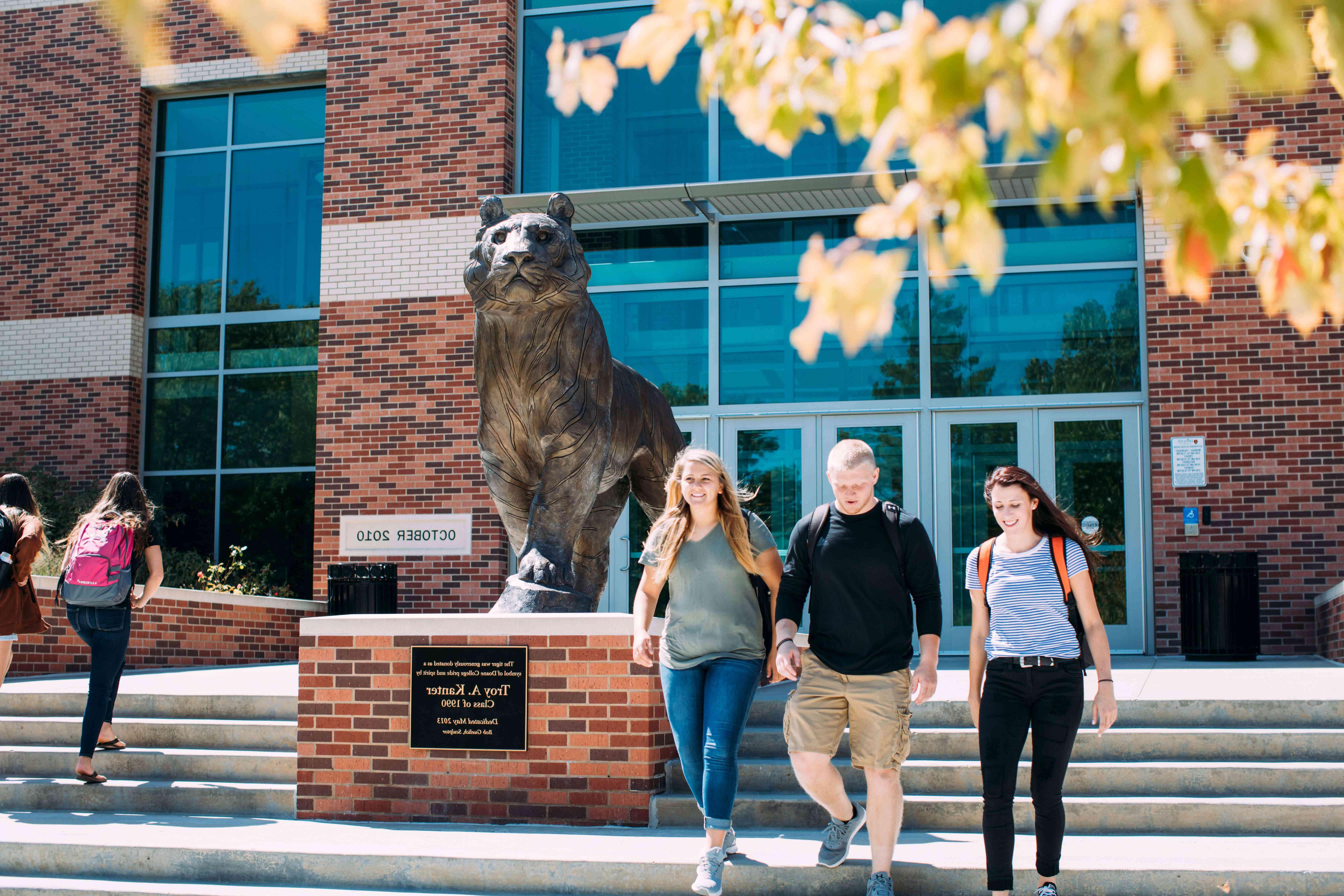 Students walking down stairs of campus entrance